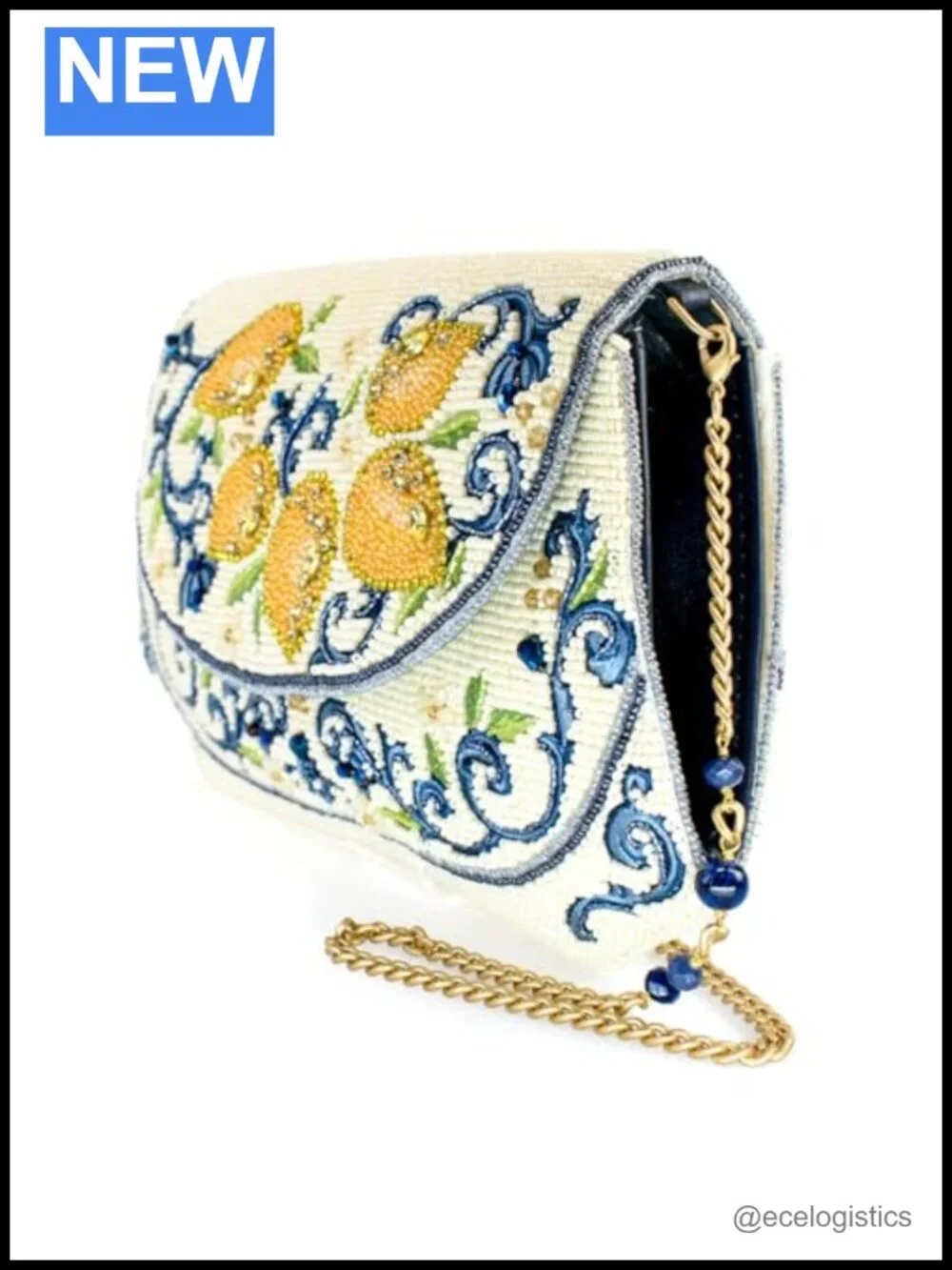 Beaded Lemon Crossbody Clutch with Removable Chain Strap, Hand-Crafted Novelty